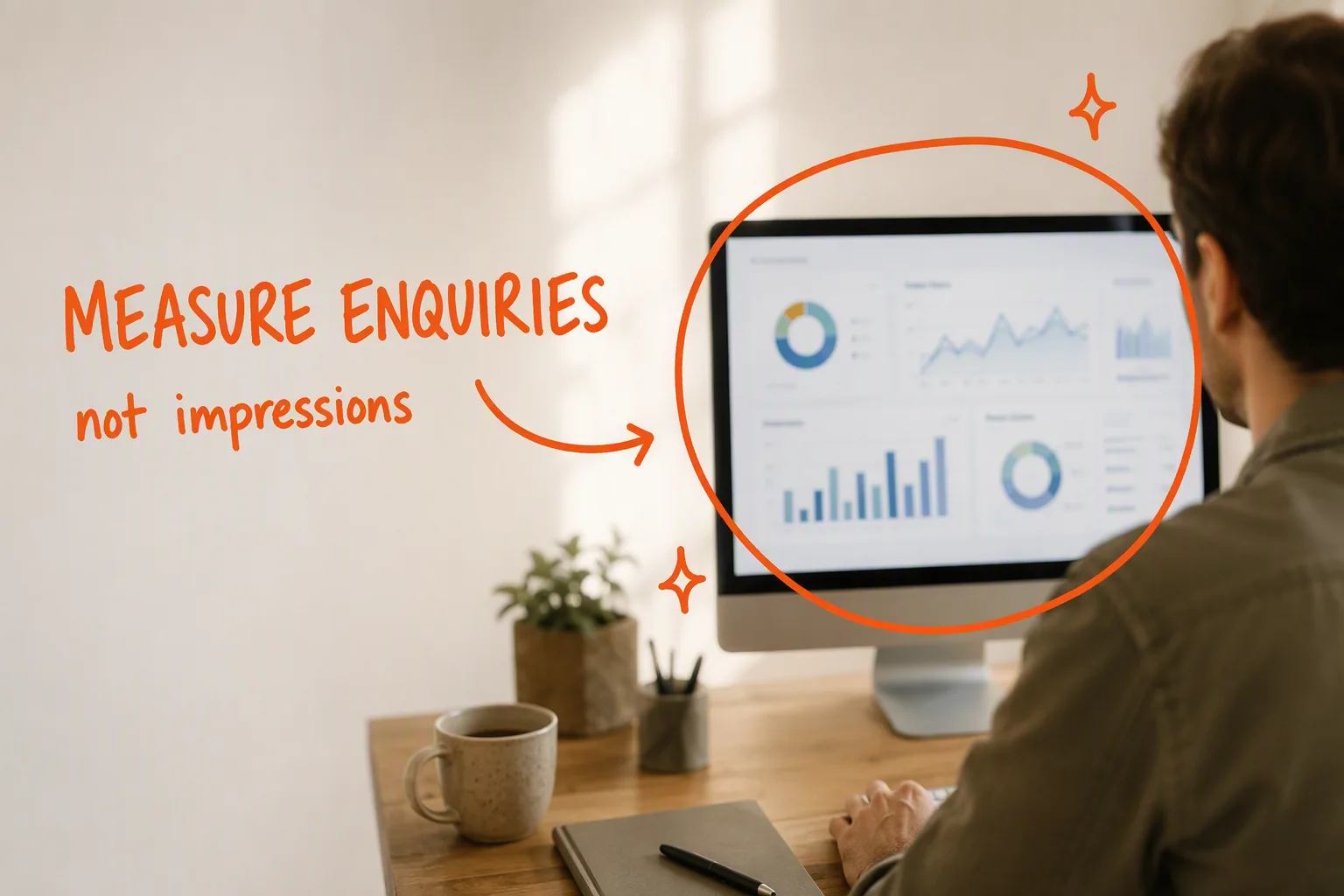 Someone reviewing an analytics dashboard on a large monitor, hand-lettered in orange: MEASURE ENQUIRIES. not impressions.