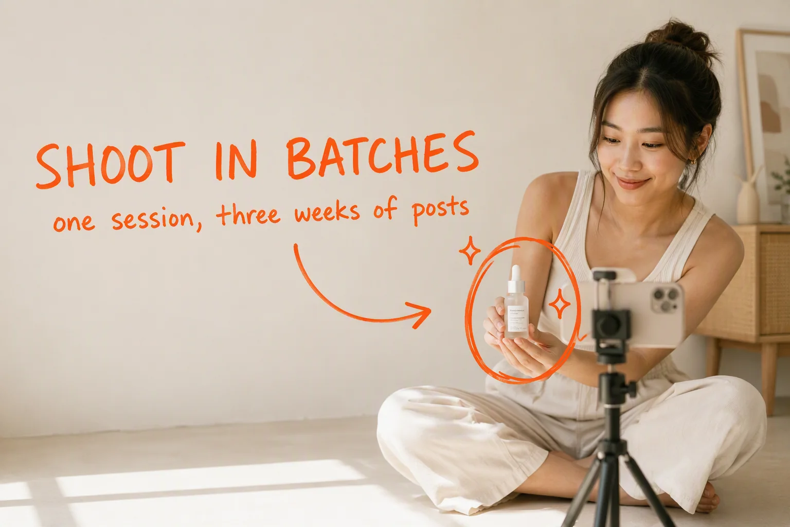 A creator filming a skincare product on a phone tripod in a bright studio, hand-lettered in orange: SHOOT IN BATCHES. one session, three weeks of posts.